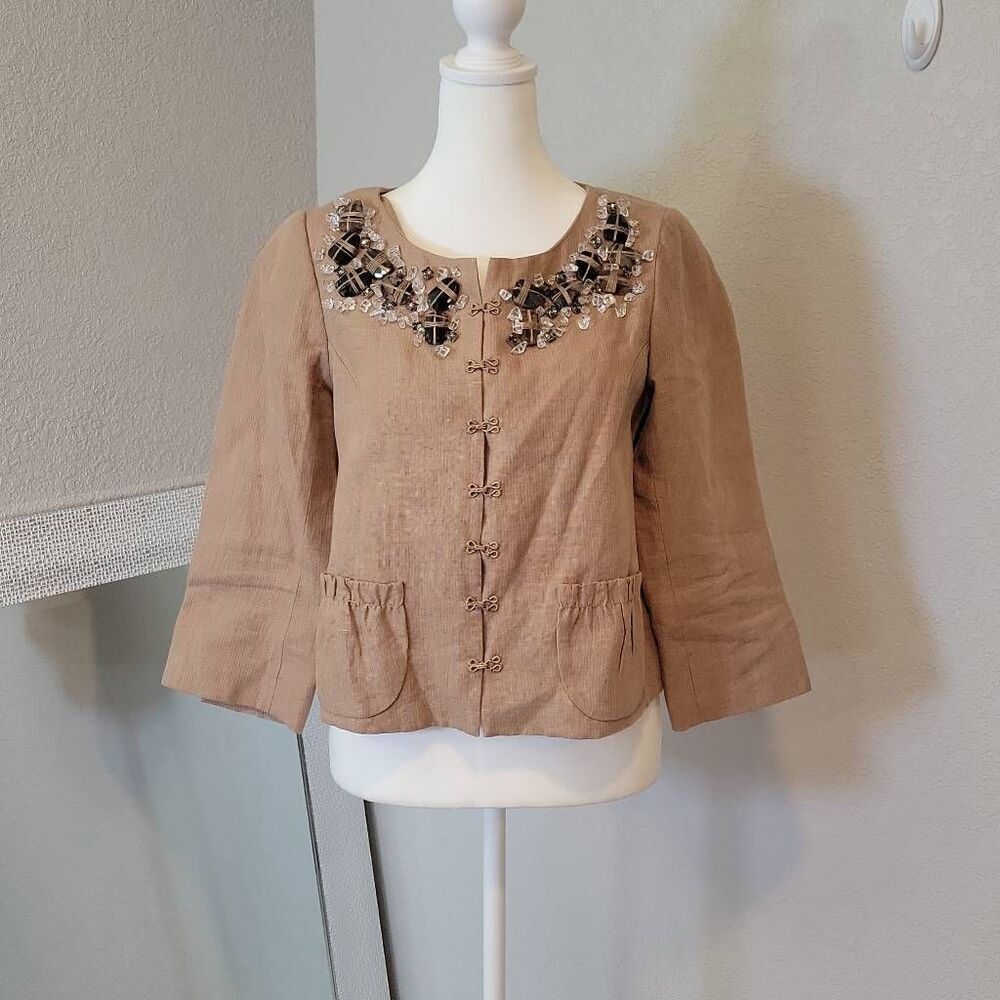 Robert Rodriguez Women's Blazer Linen Embellished Jacket Tan Size 4